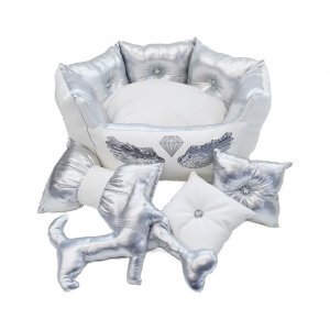 Skórzane legowisko dla psa Carmen Lux z ekoskóry – białe ze srebrnym wnętrzem